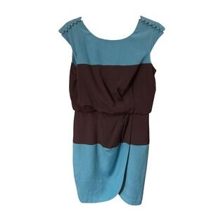 Jessica Simpson Colorblock Sheath Dress Teal Blue Navy Pleated Waist Size 4